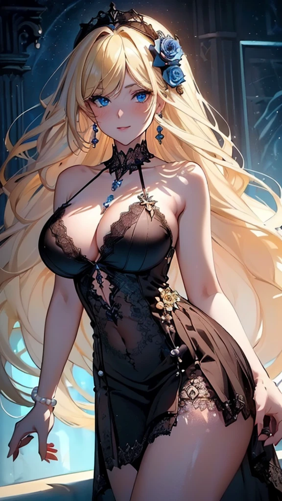 ((masterpiece, super high quality, high resolution, ultra HD 8K quality)), (realism), 1 cool and beautiful woman, perfect proportioned body, (((Shining Blonde long hair:1.3, long bangs))), ((Clear deep blue eyes:1.2)), (((glowing eyes))), (((highlights on eyes))), (((Pearl Black sexy Gorgeous Lace dress:1.2))), (((flower hair ornament, Large earrings, pearl necklaces, bangles))), (((heavy and very large breasts))), (open lips:1.1, blush:1.05), (night:1.1, flowers), (sun:1.05, sunlight), romantic, 3D rendering, best quality, (masterpiece), beautiful smile, beautiful standing pose
