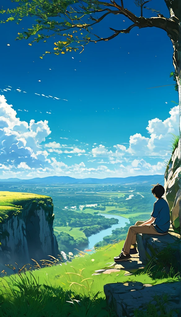 a Man sitting under a tree near a cliff in a meadow , seeing a vast blue sky with fluffy clouds and brush strokes , tall grasses stones, , makoto shinkai cyril rolando, anime art wallpaper 4k, anime art wallpaper 4k, animated background, anime art wallpaper 8K, animated background art, Anime Landscape Wallpaper, amazing wallpaper, HD wallpaper, 4k anime wallpaper, 4k anime wallpaper, Aries Moross art,art by Bob Byerley , AshleyWoodArtAI, greg rutkowski(far angle view)(brokeh effects)