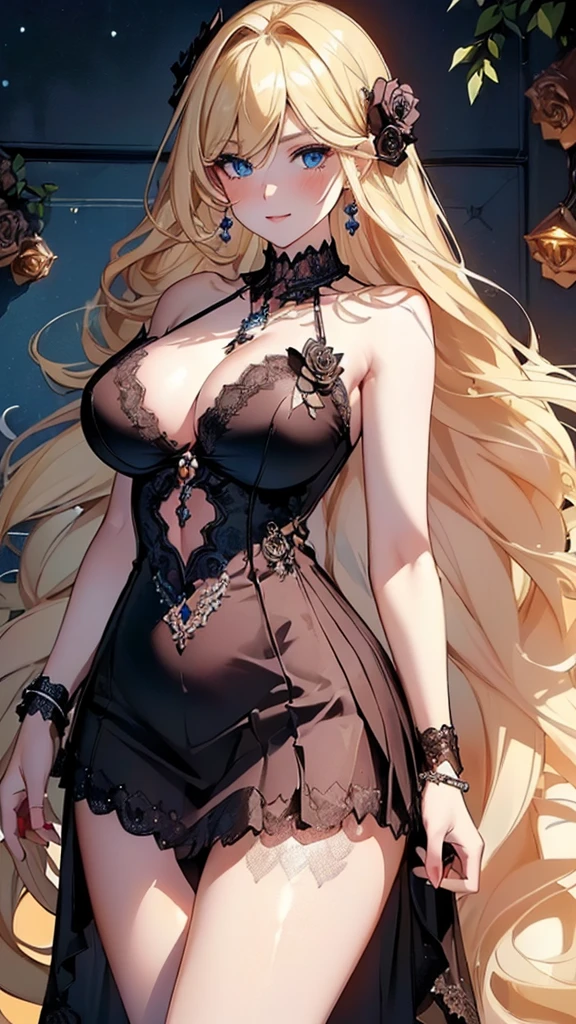 ((masterpiece, super high quality, high resolution, ultra HD 8K quality)), (realism), 1 cool and beautiful woman, perfect proportioned body, (((Shining Blonde long hair:1.3, long bangs))), ((Clear deep blue eyes:1.2)), (((glowing eyes))), (((highlights on eyes))), (((Pearl Black sexy Gorgeous Lace dress:1.2))), (((flower hair ornament, Large earrings, pearl necklaces, bangles))), (((heavy and very large breasts))), (open lips:1.1, blush:1.05), (night:1.1, flowers), (sun:1.05, sunlight), romantic, 3D rendering, best quality, (masterpiece), beautiful smile, beautiful standing pose
