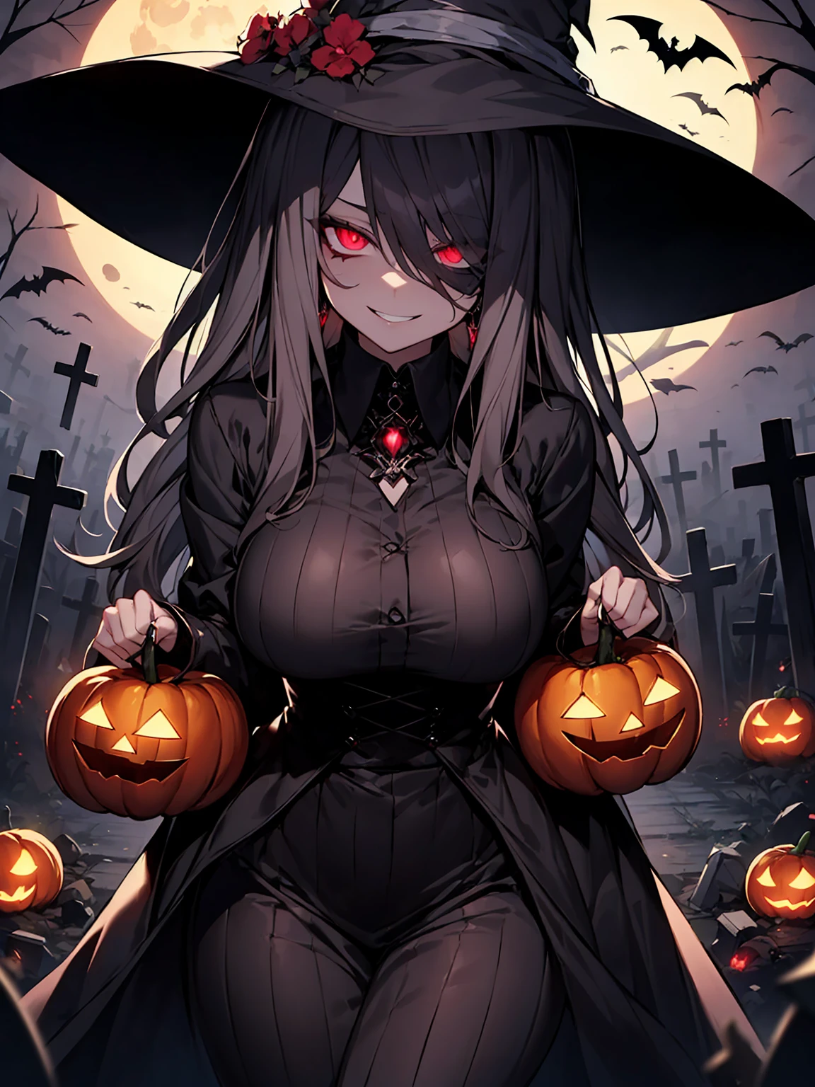  high definition、Best Quality、8k、 perfect face、Alone、Zombie Girl、Grey Skin、(corruption)、Slanted Eyes、Crazy Eyes、 red eyes that glow in the dark、 black eyeshadow 、Hollow Eyes、Shadowy Face、Detailed lips、Long silver hair、Large Breasts、 Creepy Silhouette with Glowing Eyes at Night、Extremely tired goth woman 、Yandere face 、witch、 Crazy Evil Smile 、 Wicked Expression 、Cemetery、Church Background、full moon、 Halloween 