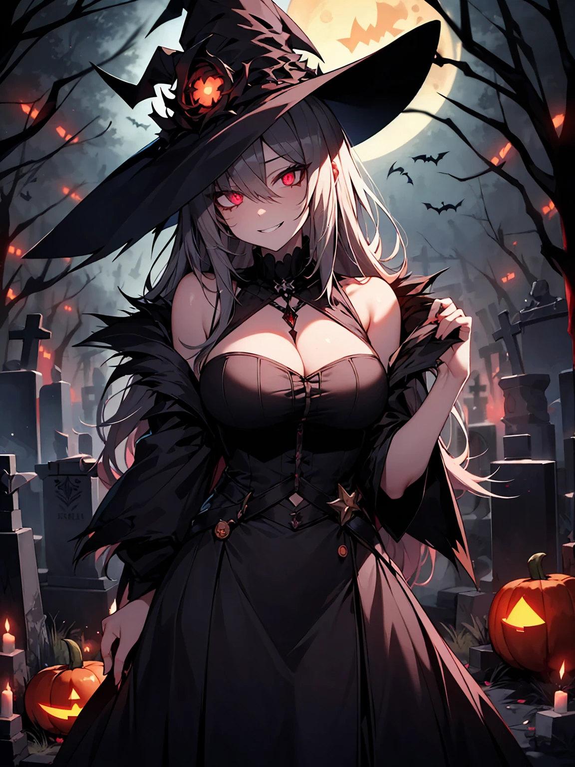  high definition、Best Quality、8k、 perfect face、Alone、Zombie Girl、Grey Skin、(corruption)、Slanted Eyes、Crazy Eyes、 red eyes that glow in the dark、 black eyeshadow 、Hollow Eyes、Shadowy Face、Detailed lips、Long silver hair、Large Breasts、 Creepy Silhouette with Glowing Eyes at Night、Extremely tired goth woman 、Yandere face 、witch、 Crazy Evil Smile 、 Wicked Expression 、Cemetery、Church Background、full moon、 Halloween 