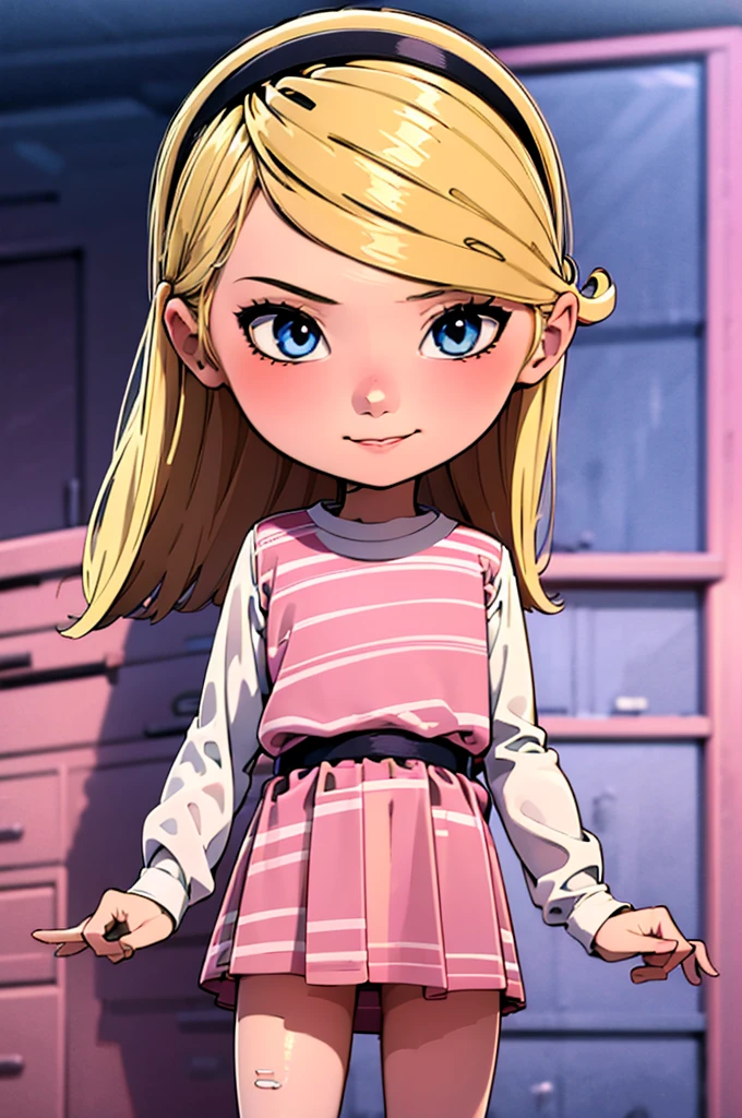 1girl, solo, smile, blue eyes, blonde hair, long hair, low twintails,, hat, pink headwear,, white shirt, long sleeves, pink dress, solo, highly insanely detailed, masterpiece, top quality, best quality, highres, 4k, 8k, RAW photo),((innocent look)),((ish)),