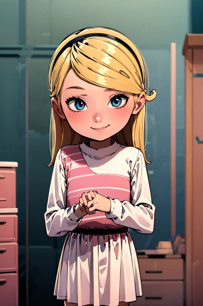 1girl, solo, smile, blue eyes, blonde hair, long hair, low twintails,, hat, pink headwear,, white shirt, long sleeves, pink dress, solo, highly insanely detailed, masterpiece, top quality, best quality, highres, 4k, 8k, RAW photo),((innocent look)),((ish)),