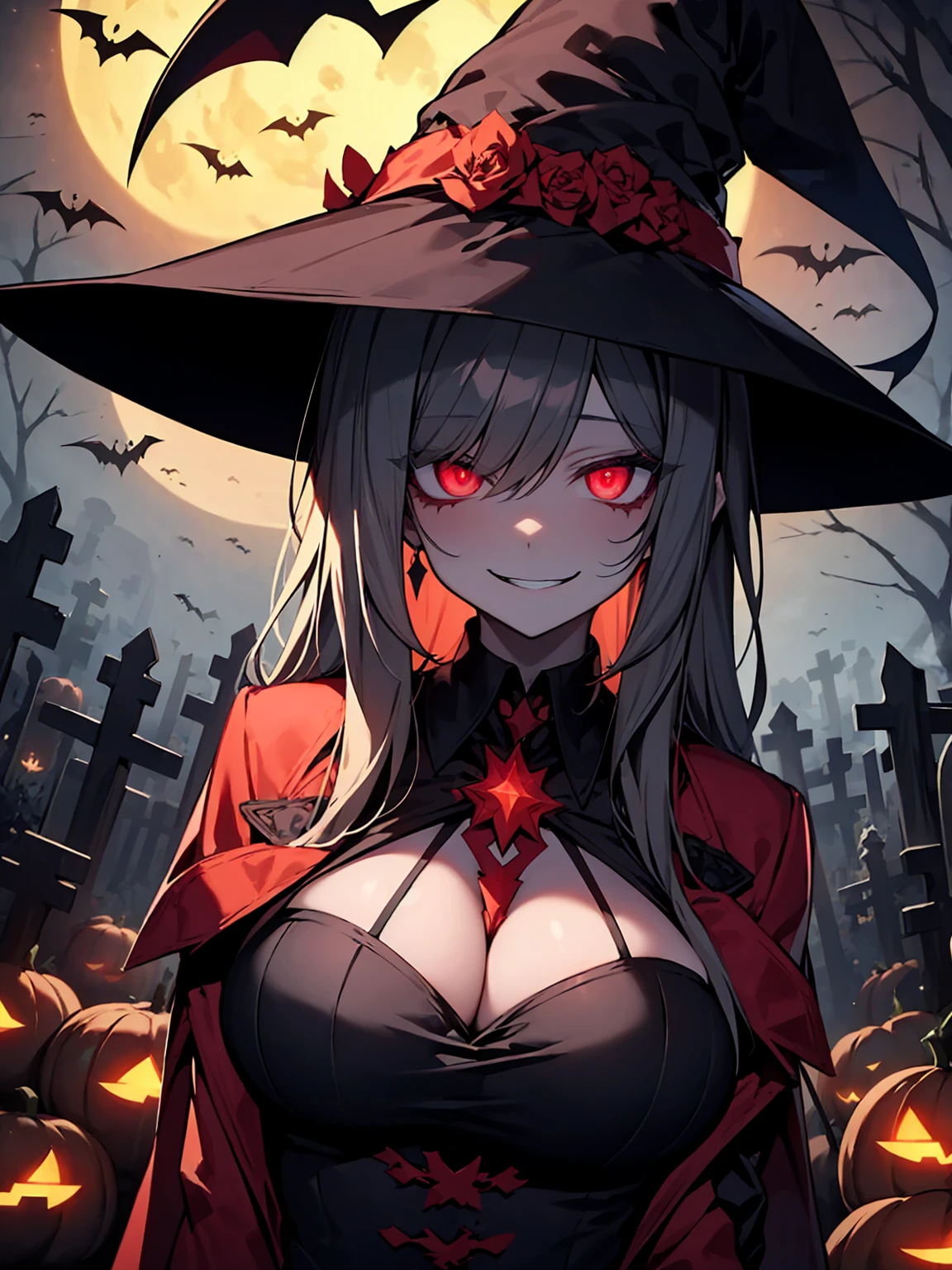  high definition、Best Quality、8k、 perfect face、Alone、Zombie Girl、Grey Skin、(corruption)、Slanted Eyes、Crazy Eyes、 red eyes that glow in the dark、 black eyeshadow 、Hollow Eyes、Shadowy Face、Detailed lips、Long silver hair、Large Breasts、 Creepy Silhouette with Glowing Eyes at Night、Extremely tired goth woman 、Yandere face 、witch、 Crazy Evil Smile 、 Wicked Expression 、Cemetery、Church Background、full moon、 Halloween 