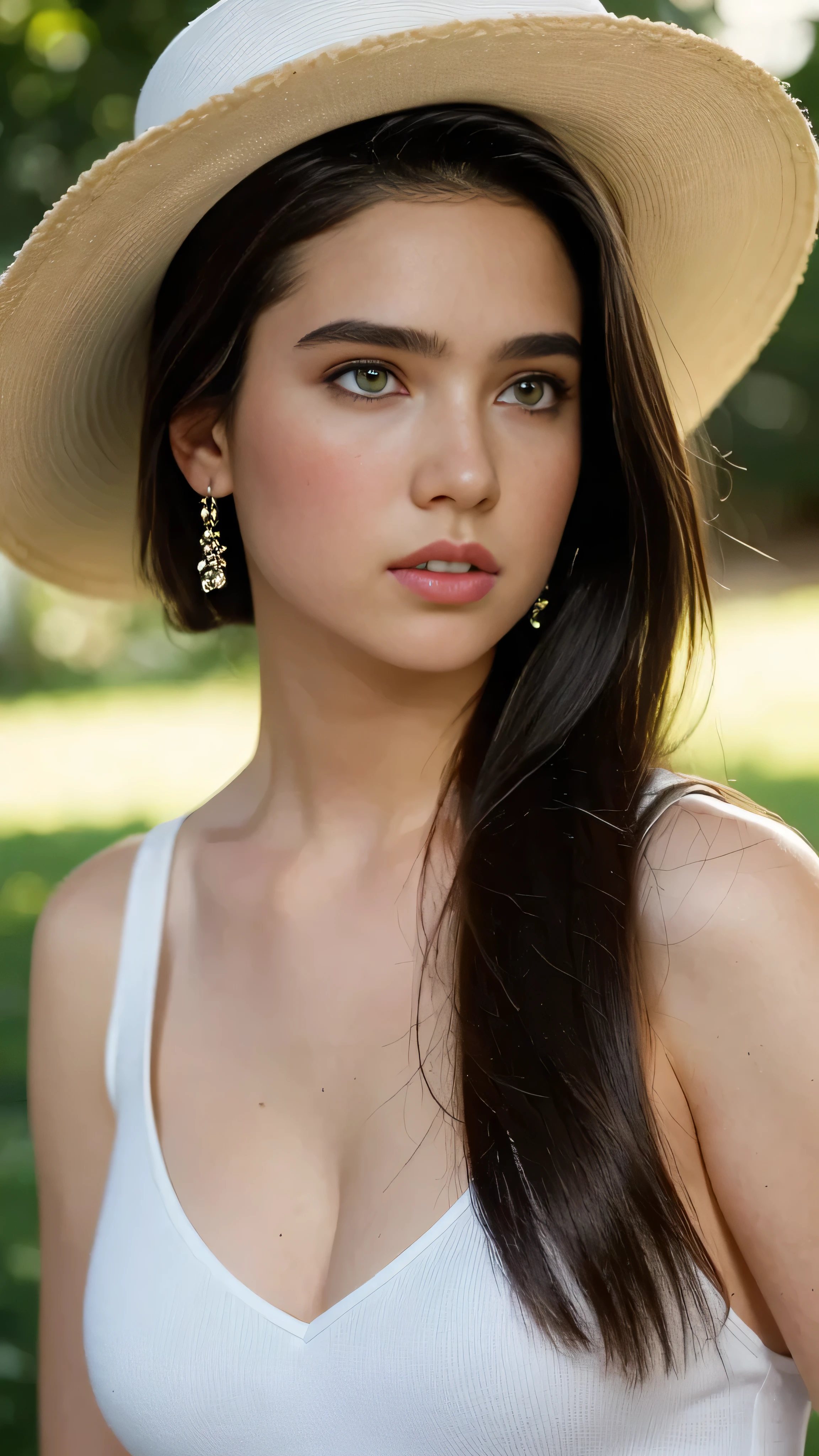 Highest quality, outstanding details, super high resolution, (fidelity: 1.4), the best illustration, favor details, highly condensed 1girl, with a delicate and beautiful face, delicate collarbone, shyness. gigantic breasts bursting, long dark brown hair, sexy body, small head, half body portrait, serious expression, looking at the viewer, wearing a large hat covering half of face