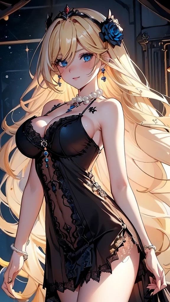 ((masterpiece, super high quality, high resolution, ultra HD 8K quality)), (realism), 1 cool and beautiful woman, perfect proportioned body, (((Shining Blonde long hair:1.3, long bangs))), ((Clear deep blue eyes:1.2)), (((glowing eyes))), (((highlights on eyes))), (((Pearl Black sexy Gorgeous Lace dress:1.2))), (((flower hair ornament, Large earrings, pearl necklaces, bangles))), (((heavy and very large breasts))), (open lips:1.1, blush:1.05), (night:1.1, flowers), (sun:1.05, sunlight), romantic, 3D rendering, best quality, (masterpiece), beautiful smile, beautiful standing pose
