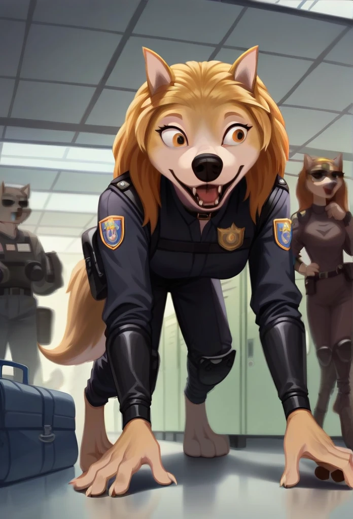 Open Mouth, Accurate, Long Hair, Breasts, Wolf Ears, Tongue, Smile, Sunglasses, dark armoured tactical police anthro uniform, dark leather collar with a badge, sniffling luggage, airport terminal, walking on all fours,