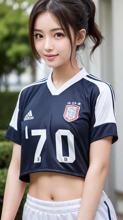 masterpiece,bestquality,very beautiful girl,(realistic:1.5),bob cut,National football team uniforms Japan,detailed eyes and face,8k high quality,so beautiful,smile, thin thighs,ultrahighres,highly detail eyes, highly detailed face,