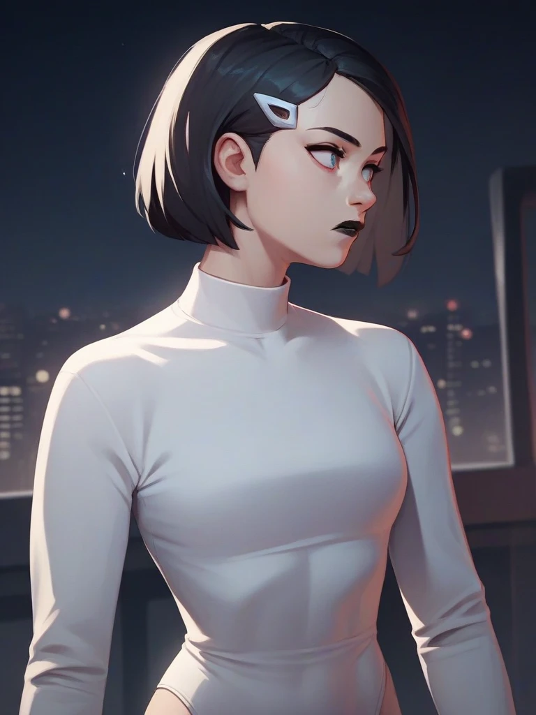 ace, 1girl, black hair, solo,  white leotard, short hair, hairclip, black lipstick, long sleeves, bob cut, looking to the side, night, black background, upper body, cowboy shot,score_9, score_8_up, score_7_up, score_6_up, score_5_up, score_4_up city, cityscape,