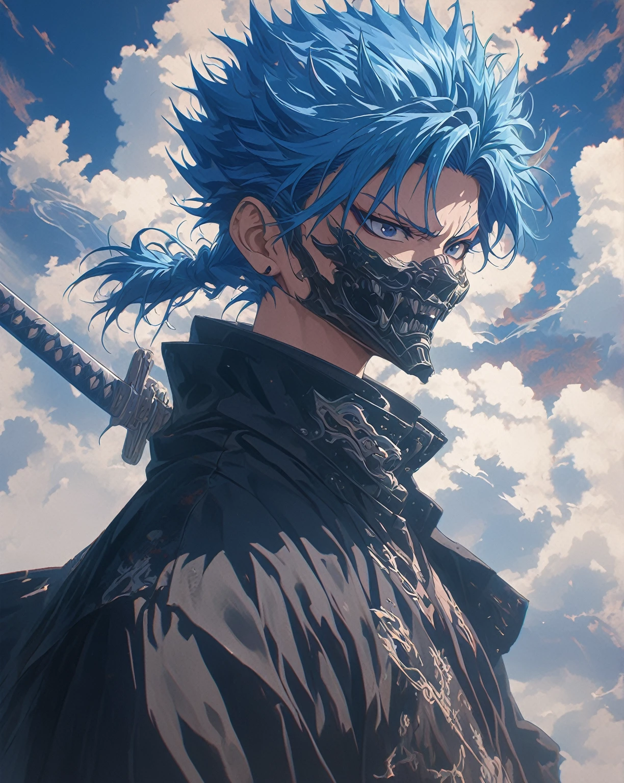 a painting of a grimmjow jaegerjaquez from bleach anime with blue hair holding a sword, badass anime 8 k, 4 k manga wallpaper, anime art wallpaper 4k, anime art wallpaper 4 k, anime wallpaper 4 k, anime wallpaper 4k, 4k anime wallpaper, anime art wallpaper 8 k, trending anime artwork, anime style 4 k, trending anime art, anime wallaper