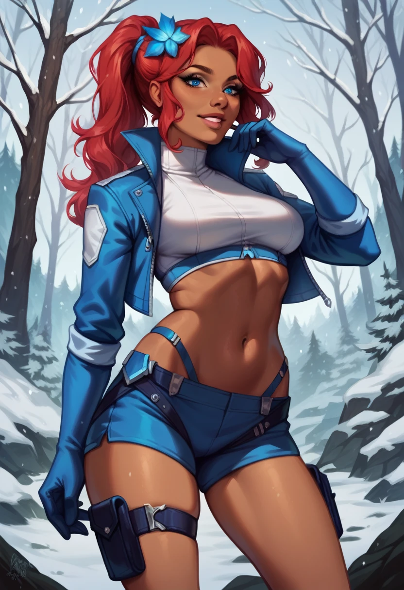 Illustration, realistic proportions, SkylaMArlo,1girl,blue eyes,hair ornament,gloves,jacket,:d,sidelocks,red hair,shorts,midriff,dark-skinned female,crop top,short shorts,blue shorts,blue gloves,holster,thigh pouch, anal, cock in ass, snowy forest, best quality, high detail,