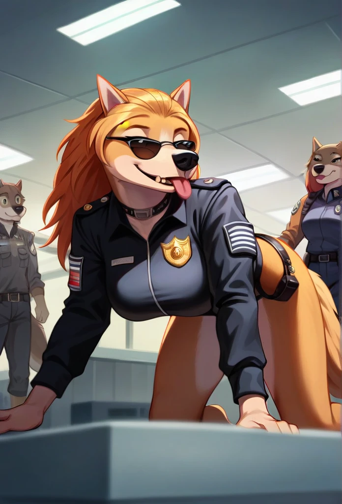  Accurate, Long Hair, Breasts, Wolf Ears, Tongue, Smile, Sunglasses, dark armoured tactical police anthro uniform, dark leather collar with a badge, sniffling luggage, airport terminal, walking on all fours,Smile, Smile, 