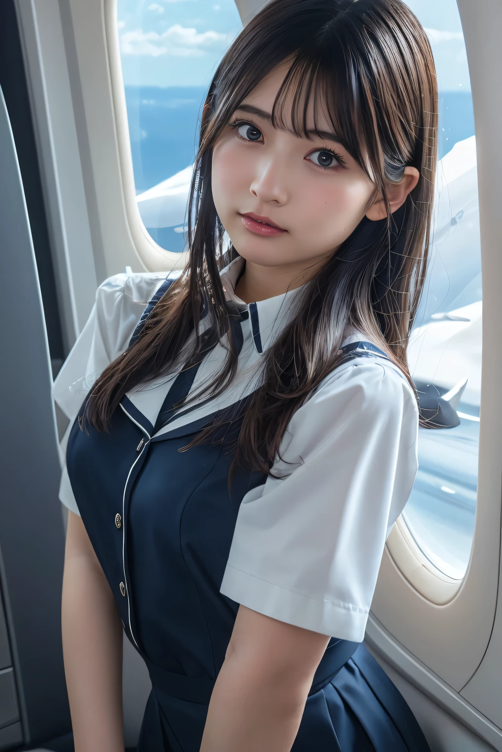 Highest quality, masterpiece, 8K, Ultra-high resolution, (Realistic: 1.4), 1 Girl, Beautiful Face, Symmetrical eyes, big, Perfect Body Proportions, Stewardess Uniform, Viewer Perspective, (On the plane: 1.2), Front view, Shoulder jumps, Absolute area (1.3),