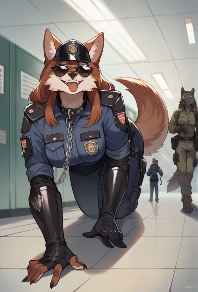  Accurate, Long Hair, Breasts, Wolf Ears, Tongue, Smile, Sunglasses, dark armoured tactical police anthro uniform, dark leather collar with a badge, sniffling luggage, airport terminal, walking on all fours,Smile, chain collar, leash 