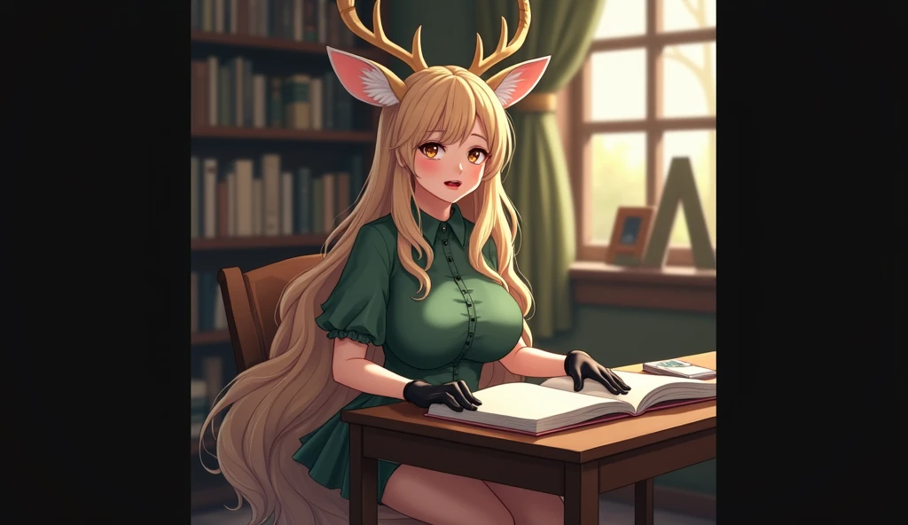 A female unicorn laying on a rock. She reading a book and dressed in a black dress