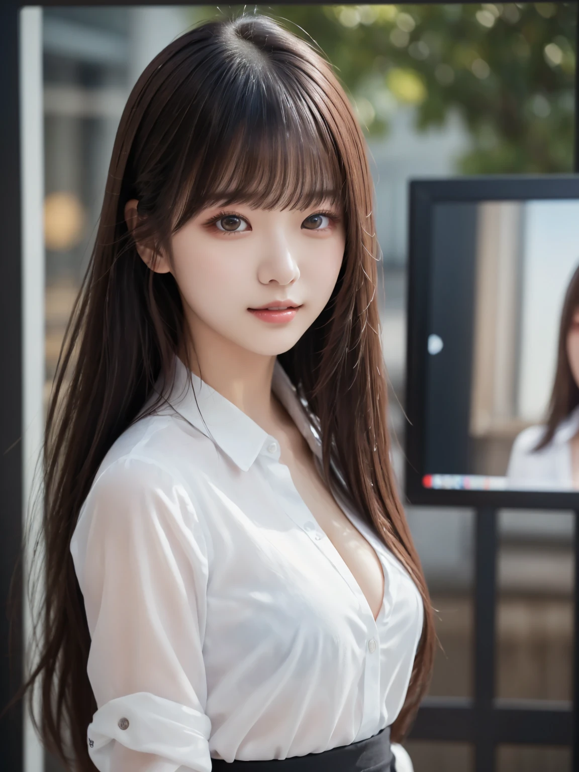  white shirt 、(black mini skirt : 1.2)、Complex and beautiful eyes、woman、 womanらしい黒髪、(Delicate and realistic hair、１Realistic hair)、bangs、 naturally colored lips、smile、((White Indoor))、((18歳woman:1.2))、 young and adorable Japanese faces, Official Art， Highly Detailed CG Unity 8k Wallpaper，（masterpiece:1.0),(Best Quality:1.0), 超 high definition,4K, very detailed, photo shoot, 8k,  NFSDW,  high definition,  Kodak portrait 400 ,  film grain,  lens flare glow ,高いest quality,8k, NFSDW:1.2),  Portrait Shot ,8k、 viewer, (((Front View))), ((facing))、( in the screen are facing forward : 1.5)、Bold cleavage、 firm chest、 small face, Best Quality、 Super beautiful images、(stand up : 1.3)