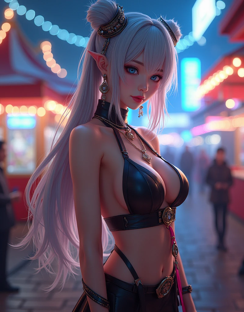 High-key and low-variance brightness levels,Soft Light,Realistic light and shadow,Light and dark intertwined,(Target your audience:1.4),Looking at the audience,dramaticangle,(Solitary:1.6),(masterpiece),(best quality),(high resolution),(By famous artists),(((Official Art))),(author:Paul Hedley),(illustration),1 Girl,(freeze),(Elf),Agent Female,(Big Breasts:1.5),(Camel toe),(whole body),(Round Face),(Pointed ears),(Slender legs),(Standard stature),(Detailed beautiful face),Glowing skin,Glowing skin,(Jointed fingers),Umbilical cord,Stomach,(Swimsuit:1.4),indoor,(Cyberpunk City,Kowloon,rain),(Against the wall),((Poker face)),blush,((permanent)),Hands on Hips,(Green Eyes:1.3),(White hair),Long hair,Double tail,partedbangs,(Reflective hair),(individual)