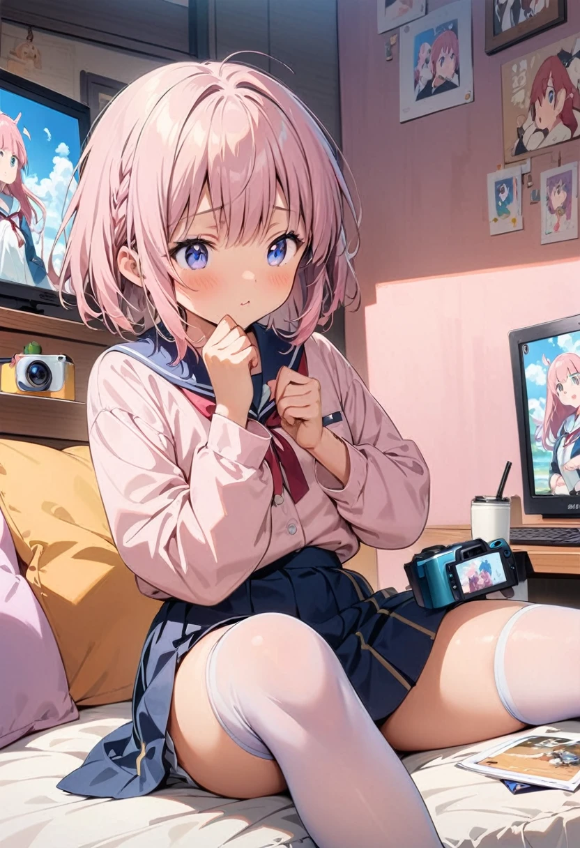 (masterpiece, Best Quality, Official Art:1.2),A woman sits inside a small box with a camera, Paintings inspired by Rei Kamoi, Tumbler, Video Art,  Pastel 。 wearing tight stockings and stockings、 girl sitting on the bed  ,  Japanese high school girl uniform ,  Japanese school uniform , wearing  Japanese school uniform , Female student posing,  surreal high school girl,   anime girl in real life  , Ayaka Cosplay,  anime girl cosplay 