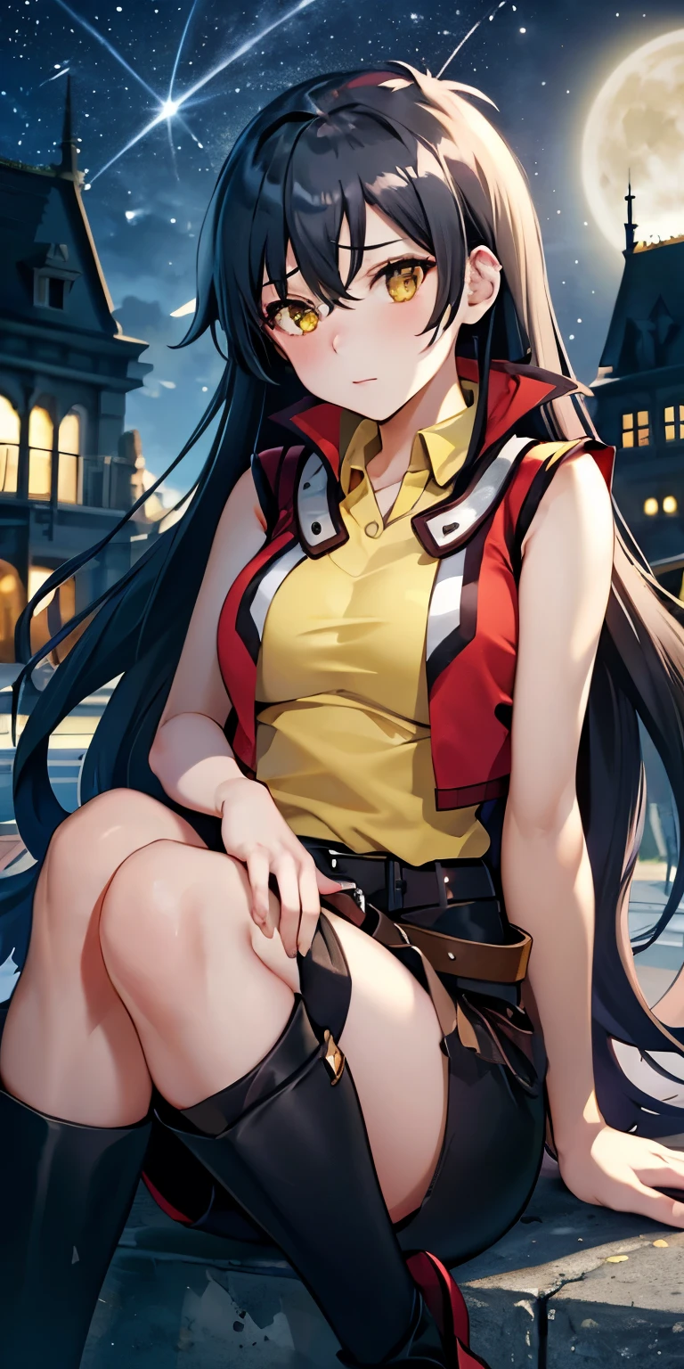 1 Female,High definition,high resolution,Ultra-realistic,8K, hmrei, long hair, black hair,yellow eyes,red jacket ,collared shirt, yellow shirt, sleeveless, belt, black shorts,European,sexy,Upper body close-up,Photographed from the front,Dynamic Angles,private teacher,blush, medium tits ,outdoors, moonlight, dark sky, buildings,full body,4k, ultra high definition, perfect face, detailed face , sitting ,(pov, closed shot:1.2),  thinking , shooting star ,wide thighs 