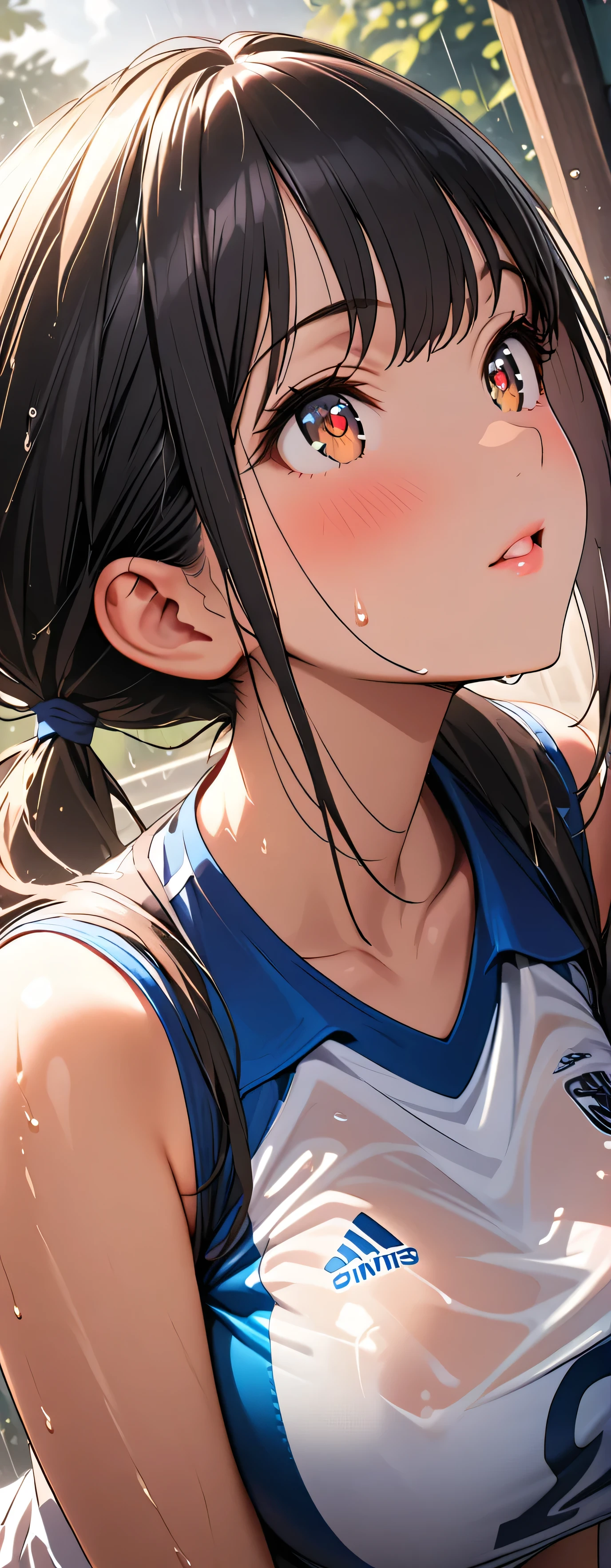 (beautiful girl:1.3),1girl,masterpiece,Highest quality,Ultra-high resolution,rich contrast,super high quality,8k,Highly detailed CG unit wallpaper,texture,Incredibly absurd,Ultra-high resolution,Highest quality anime,professional photograph,an extremely delicate and beautiful,RAW Photos,Depth of Field 1.2,ultra-detailed eyes,Glowing Skin,Glitter Effect,Beautiful glossy lips,rainが滴る葉, Sunlight shining through trees ,rain,Sigh, looks up,(Wet),volleyball uniform,Big Breasts,Big Round Ass,Embarrassing,blush,Leaning forward,Looking up,Tilt your head,Yamada Anna,dark blue hair,brown eyes,low twintails,(((My volleyball uniform is off and my chest is exposed)))