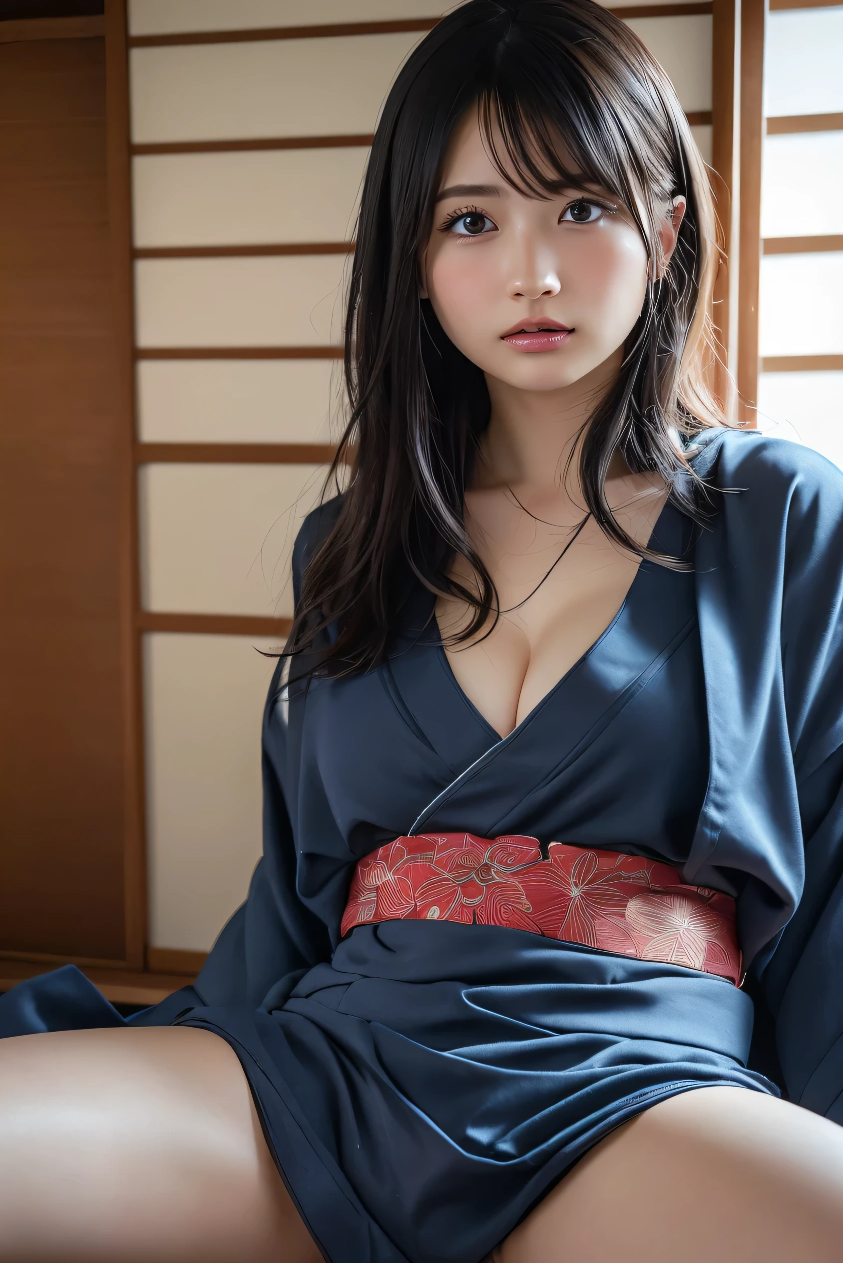 SadakoIt has a unique atmosphere that exudes creepiness and fear.。Sadako、Captivating smile:1.5、Long black hair that hides the eyes:1.5、Detailed yukata、Outwardly, creepy and attractive、Sexy and seductive spread legs、The flat chest is attractive.。spread、Sweaty crotch、Wet crotch、Touched hair、Wet crotch、A fascinating angle、Right arm and leg、correct position、Delicate girl with beautiful details、colorful、finely、Detailed lips、Intricate details、(One Woman:1.5)(Gorgeous beautiful 30 year old sexy Korean woman:1.1) solo、Viewers looking up、Tall Woman、A happy smile、Model Girl、choker、(Detailed yukata+See-through silhouette)、ASİAN_Street、Asian Traditional House、Flat Chest:1.5、elegant(50mm Sigma F1.4 ZEISS Lenses、F1.4、1/800 seconds、ISO100、image:1.1)(Photorealistic:1.1)、Lens flare、Mastepiece