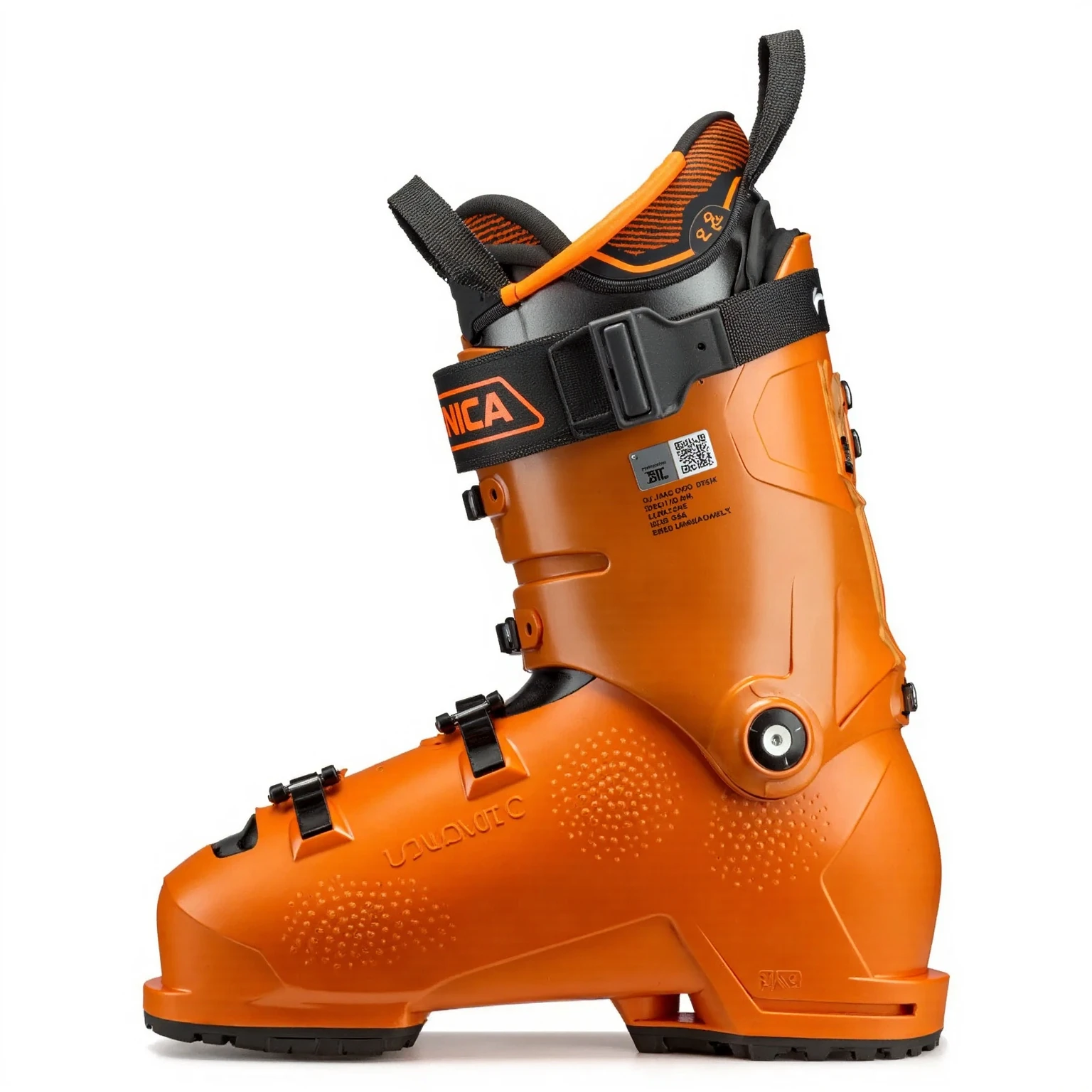 Based entirely on the shape of the ski boot and all existing text, generate an image of a ski boot with a very elegant Halloween decoration. Maintain the original structure, buckles, and all text elements visible on the boot. Add refined Halloween-themed details such as subtle spider webs, small pumpkins, intricate ghost patterns, and a touch of black and gold accents. The design should enhance the appearance with sophistication, focusing on a classy Halloween aesthetic without overshadowing the boot’s original features