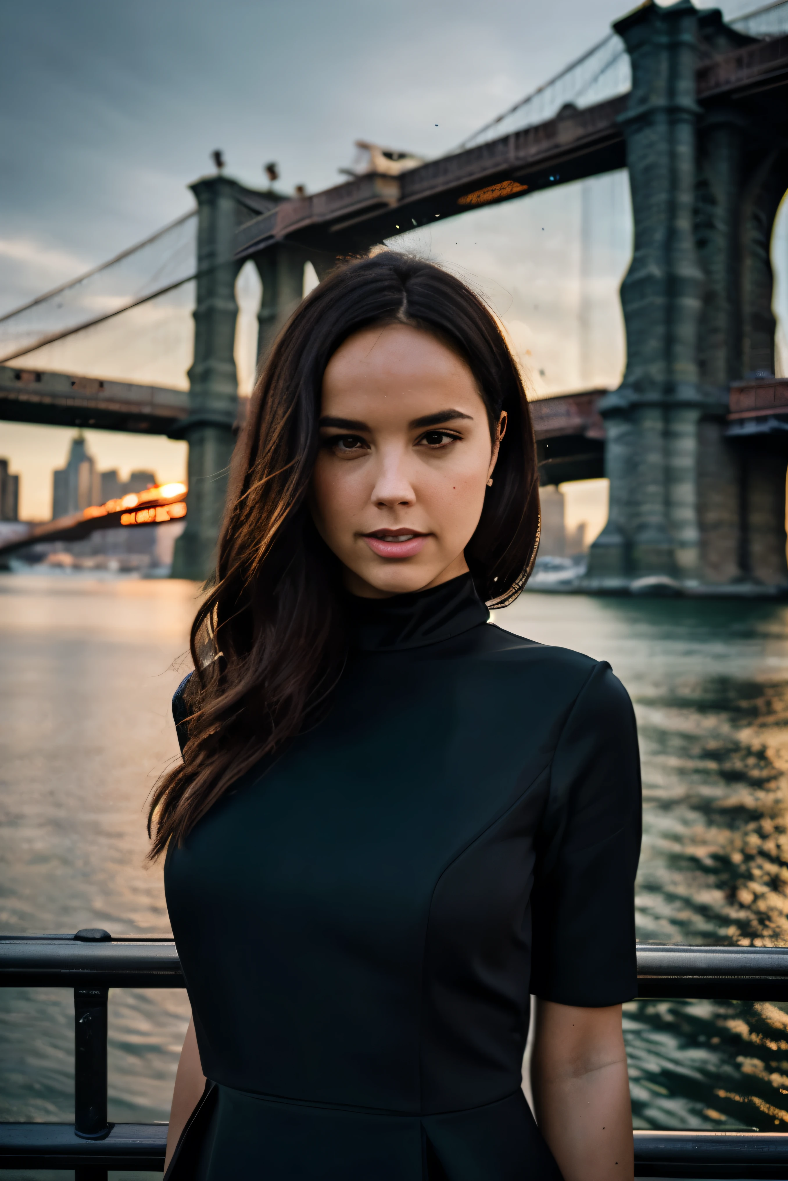 Instagram picture of a beautiful woman, wearing black dress, Legendary Brooklyn Bridge, NYC, large crowd, portait, epic character composition,by ilya kuvshinov, alessio albi, nina masic,sharp focus, subsurface scattering, f2, 35mm, film grain 