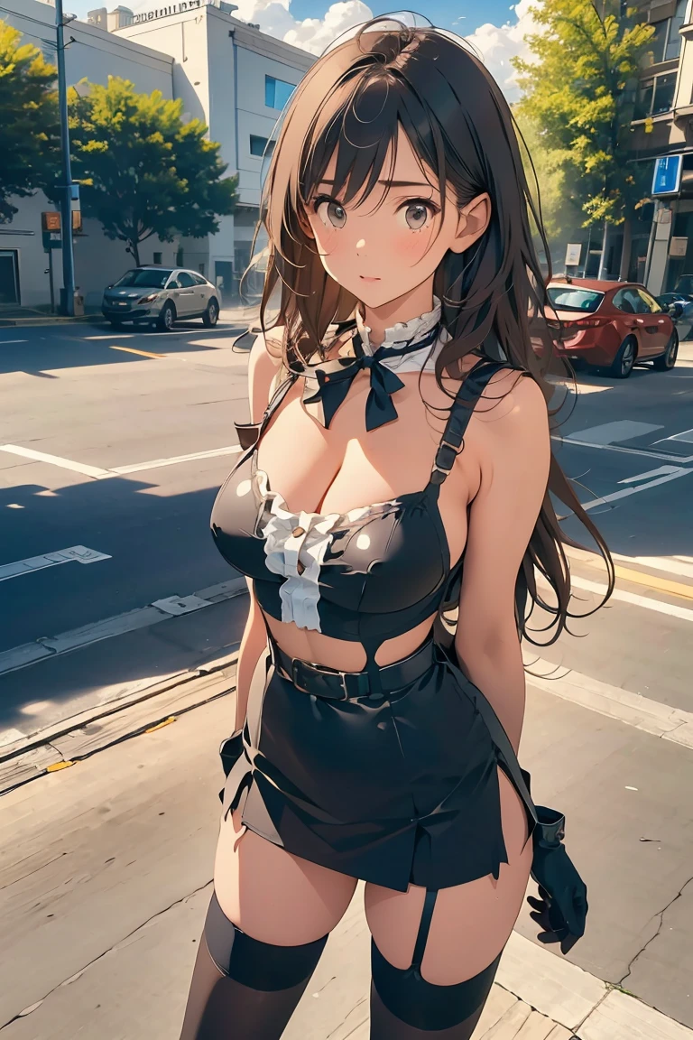 (((masterpiece, highest quality, High resolution, 超High resolution, Pixel perfect, Written boundary depth, 4K, About RTTX10.0))), Beautiful Anime Woman, Beautiful art style, Anime characters, ((Smooth texture, Realistic texture, Anime CG Style)), Exact finger count、Exact number of legs、(Exact number of arms:1.0, Exact number of hands:1.0), (Perfect hands, Perfect Anatomy), Cinematic, Realistic, Highly detailed CG, Daytime lighting, Perfect lighting, Best Shadow, The best natural light, whole body, Perfect body, (Slender body:1.2), whole body, ((Long Hair, bangs, Dark brown hair, fashionable and cute hairstyle)), ((A cute woman is walking while flipping up her skirt:1.3)), (White and black maid costume, Fashionable white shirt, Bow tie on collar, Stylish corset, Maid Headband, (Black knee socks, garter belt:1.2), High heels, Pleated mini skirt, White micro lace bra:1.3), ((Sexy and cute panties, Stylish shiny satin panties, Side tie panties, Panties with plain white center and black lace on the sides, Small lace panties:1), White panties:1.3), (Cleavage, Beautiful and very large breasts:1.1), (Beautiful and thin thighs:1.3), Short torso, Feeling embarrassed, (blush:1.2) , (Akihabara-like streetscape, In town, building, Sidewalk, Intersection in the background, :1.3), Angle from the front