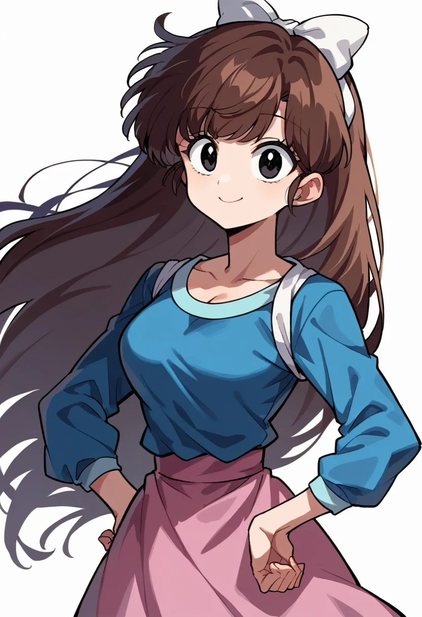 masterpiece, best quality, score_9, score_8_up, score_7_up, source anime, perfect anatomy, rating safe, 1girl, UkyoKuonjiRXL, 18years, big eyes, black eyes, brown hair, long hair, bangs, hair white bow, medium breasts, shirt, blue raglan sleeves, long sleeves, pink skirt, smile, cleavage, 