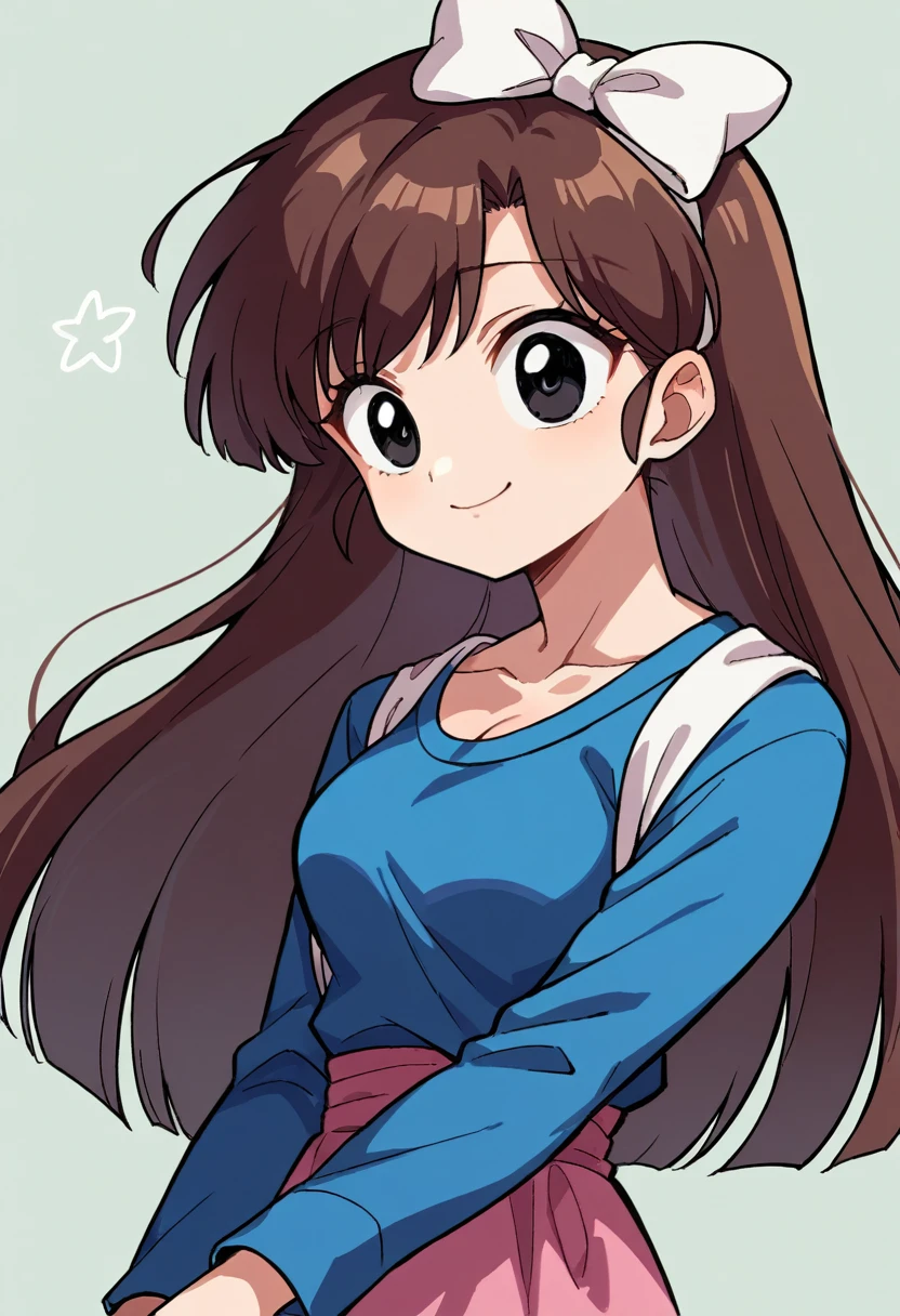 masterpiece, best quality, score_9, score_8_up, score_7_up, source anime, perfect anatomy, rating safe, 1girl, UkyoKuonjiRXL, 18years, big eyes, black eyes, brown hair, long hair, bangs, hair white bow, medium breasts, shirt, blue raglan sleeves, long sleeves, pink skirt, smile, cleavage, 