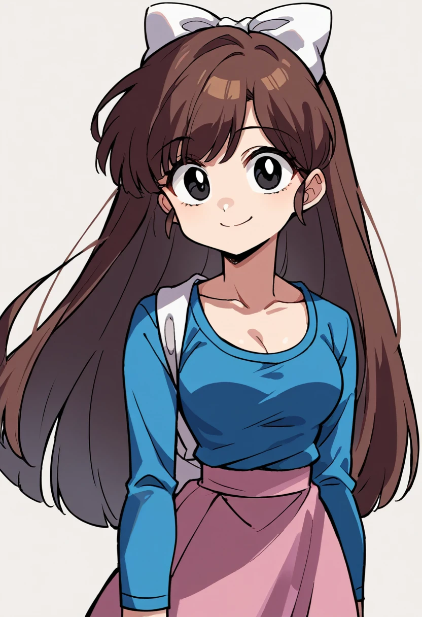 masterpiece, best quality, score_9, score_8_up, score_7_up, source anime, perfect anatomy, rating safe, 1girl, UkyoKuonjiRXL, 18years, big eyes, black eyes, brown hair, long hair, bangs, hair white bow, medium breasts, shirt, blue raglan sleeves, long sleeves, pink skirt, smile, cleavage, 