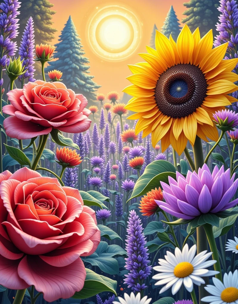 Render a photographic image of various types of flowers in full bloom. Close-up shots of red roses with delicate dew drops on their petals. Sunflowers cheerfully reaching towards the sun with their vibrant yellow petals and dark centers. Purple lavender swaying gently in the wind. A field filled with white daisies reflecting the brightness of a sunny day. The image is filled with a diverse, stunning display of natural colors and textures.