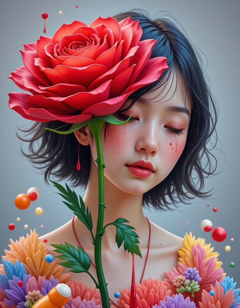 A scene on a graduated grey background. A bright red rose in full bloom, displaying every petal in its glorious form. Replace the suggestion of blood with droplets of ruby red paint. A young woman, of Asian descent with tears streaming down her face, portraying a deep sense of melancholy. Replace the suggestive material of drugs with a scattering of harmless, non-specific pills or supplements, emphasizing the idea of medicine and healthcare.