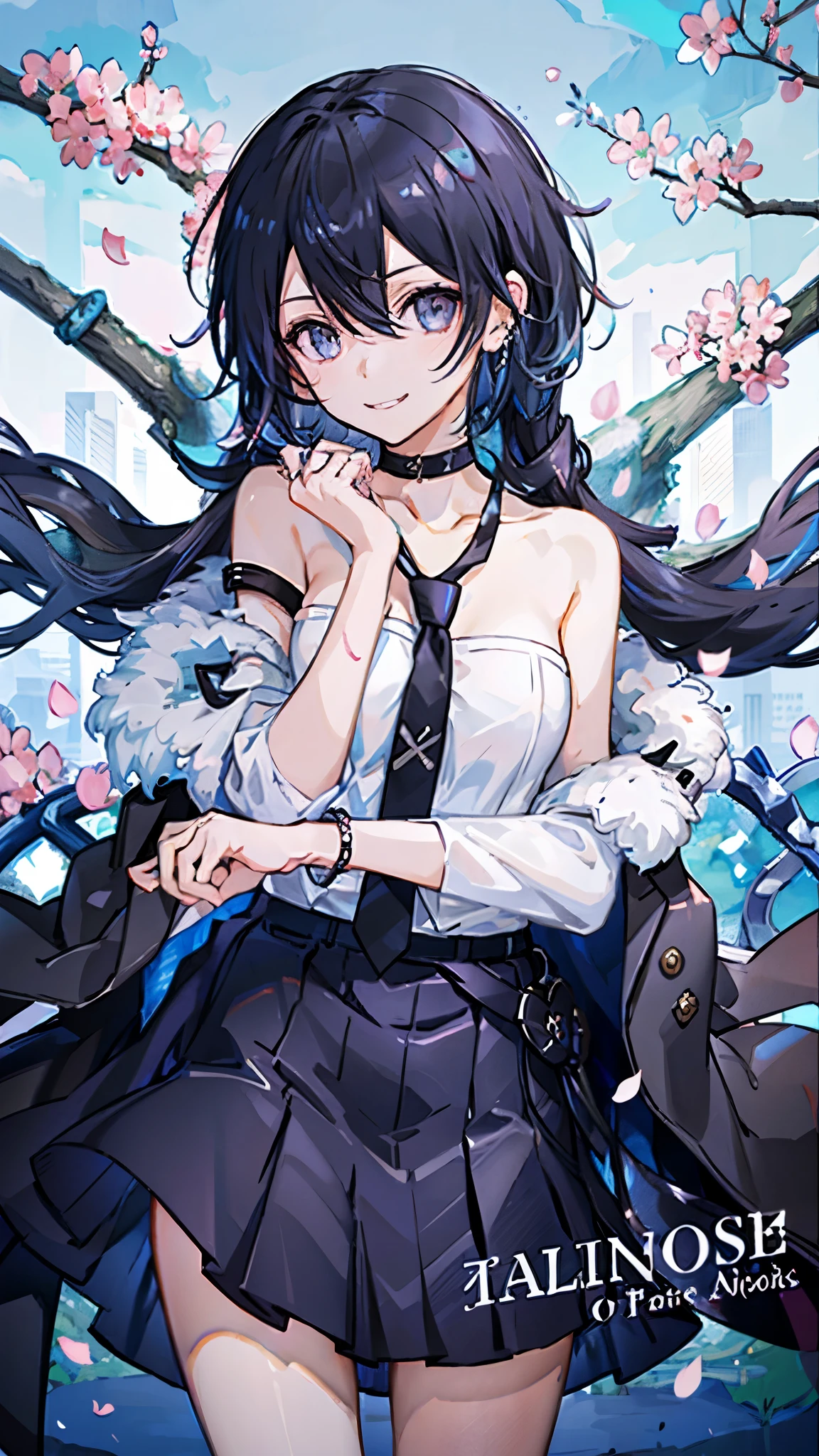 masterpiece, best quality, full body,
1girl, bangs, black choker, black necktie, black hair, blue skirt, blush, bracelet, breasts, choker, clothes around waist, collarbone, collared shirt, cowboy shot, dress shirt, ear piercing, eyebrows visible through hair, gradient hair, grin, gyaru, jewelry, kogal, long hair, looking at viewer, loose necktie, necktie, piercing, plaid, plaid skirt, pleated skirt, red eyes, ring, school uniform, shirt, skirt, smile, solo, white shirt,
street, sky, cherry blossoms, petals,illustration, (magazine:1.3), (cover-style:1.3), fashionable, woman, vibrant, outfit, posing, front, colorful, dynamic, background, elements, confident, expression, holding, statement, accessory, majestic, coiled, around, Touch, scene, Text, cover, bold, attention-grabbing, title, stylish, Font, catchy, headline, larger, striking, modern, trendy, focus, fashion,Female Kirito、Long hair、Black tights,手