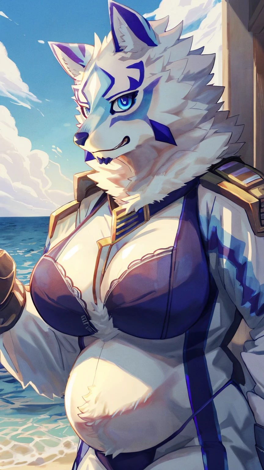 (top quality, best quality, Bebebebebe, SpiritD, K0BIT0WANI, High-quality illustrations, masterpiece, perfect artwork, cinematic light and shading, 16k, 1080p, uploaded on e621)(kemono, furry, anthro, alone), 1 female, (very detailed body, face, tail, arms, hands, legs, hair and eyes), wolf, Sadayoshi, (Live a hero), slightly chubby body, white furs, fluffy, tail, wide hips, huge breasts, perfect eyes, blue eyes, beautiful big bra and big thong, beautiful beach, body movement, body twitching, beautiful pregnant, shy, red blushing, happy, looking at viewer