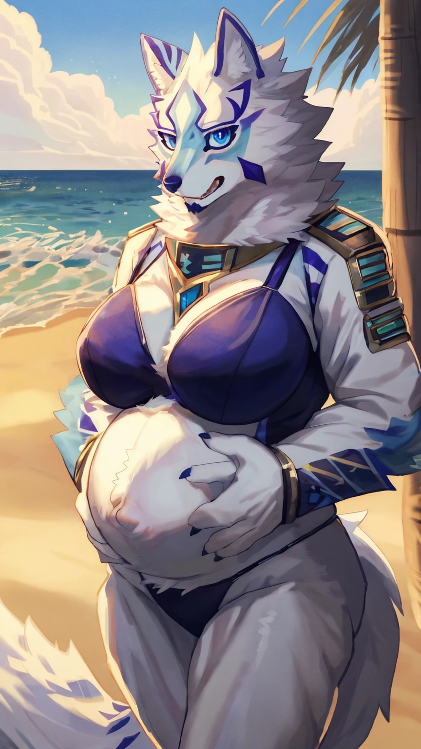 sintronic, by viola bat, by thaismotosuwa, by Coffeesoda, by Hioshiru, by asaneman, by kalnareff, by james howard, (furry protogen girl, fluffy tail, protogen anthro, protogen, slick skin,), ((thick thighs, (breasts, voluminous waist:1.0), ((fluffy fur)), ((wide hips, big waist:1.3)), (striped thigh highs, striped arm warmers), (at beach at night, near the edge of the sea with standing, adult), ((sand, plam trees,)), ((solo)), (((disproportionately big lower half of body:1.1))), ((small details:1.2)), ((amazing lighting)), ((((highly detailed)))), ((high res)), ((cinematic lighting)), thong, lush voluptuous body type, nice, ((expressive)), ((looking at viewer with horny intent)), slightly chubby, loveing, wagging tail, heart effects, ((clean image)), (big cleavage)), ((on knees, touching elbows together)), (((big nipples, nipple holes, big areolas))), ((supple breasts)), ((hour glass figure)), ((perfect arched back posture)), ((small details:1.2)), pretty girl, ((good angle)), ((outrageously expensive commission)), ((detailed everything)), ((even body propositions)), ((big breasts)), (((wet watar allover body :1.2))), ((silver cow bell collar)), ((pastel fur)), ((big robust dumbbell nipple piercings)), ((star hair pin)), ((musk)), (amazing stary night sky:1.3), ((hot breath)), ((moist)), (((robust thick gold cross necklace resting on breasts))), ((plump, succulent, lush:1.2)), ((tuft of fur)), sexual, ((ambiance:1.2)), fat, ((blue t-shirt)),