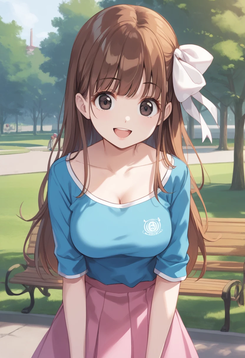 masterpiece, best quality, score_9, score_8_up, score_7_up, source anime, perfect anatomy, rating safe, 1girl, UkyoKuonjiRXL, 18years, big eyes, black eyes, brown hair, long hair, bangs, hair white bow, medium breasts, shirt, blue raglan sleeves, long sleeves, pink skirt, smile, cleavage, park, day, smile, mouth open,