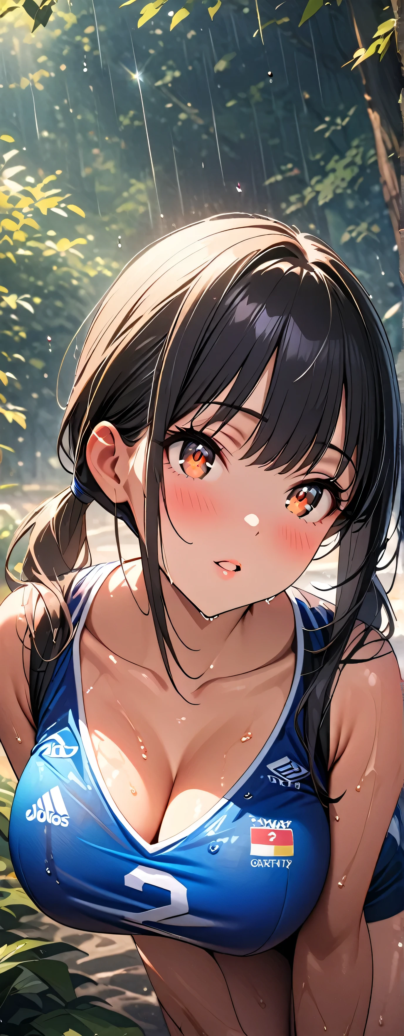 (beautiful girl:1.3),1girl,masterpiece,Highest quality,Ultra-high resolution,rich contrast,super high quality,8k,Highly detailed CG unit wallpaper,texture,Incredibly absurd,Ultra-high resolution,Highest quality anime,professional photograph,an extremely delicate and beautiful,RAW Photos,Depth of Field 1.2,ultra-detailed eyes,Glowing Skin,Glitter Effect,Beautiful glossy lips,rainが滴る葉, Sunlight shining through trees ,rain,Sigh, looks up,(Wet),volleyball uniform,Big Breasts,Big Round Ass,Embarrassing,blush,Leaning forward,Looking up,Tilt your head,Yamada Anna,dark blue hair,brown eyes,low twintails