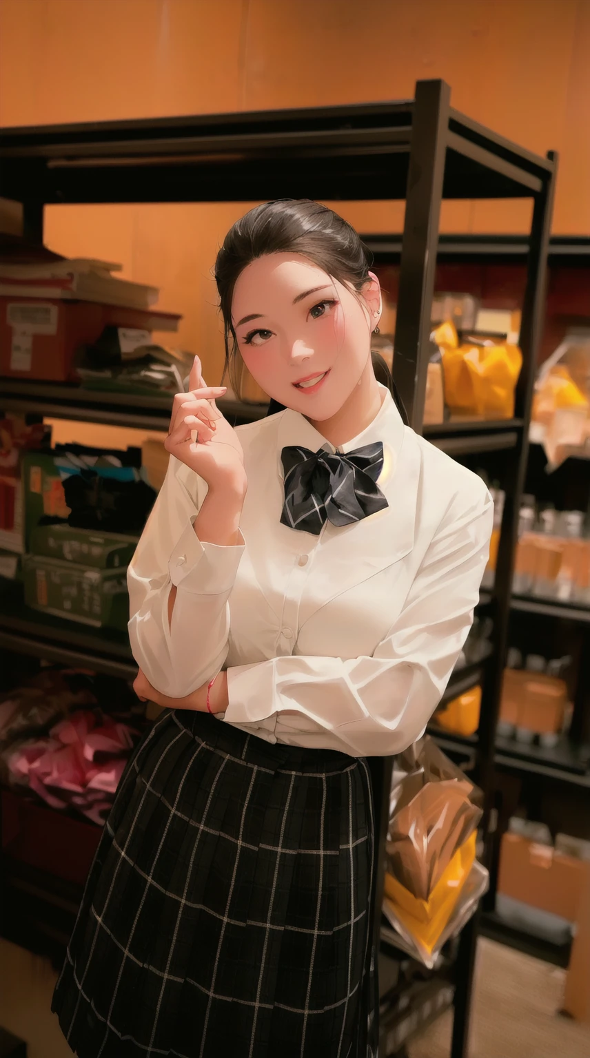 there is a woman in a white shirt and a black and white skirt, ( waitress ) girl, wearing headmistress uniform, magical school student uniform, smooth white tight clothes suit, wearing lab coat and a blouse, dressed as schoolgirl, japanese girl school uniform, sakimichan, handsome girl, xintong chen, cosplay of a catboy! maid! dress