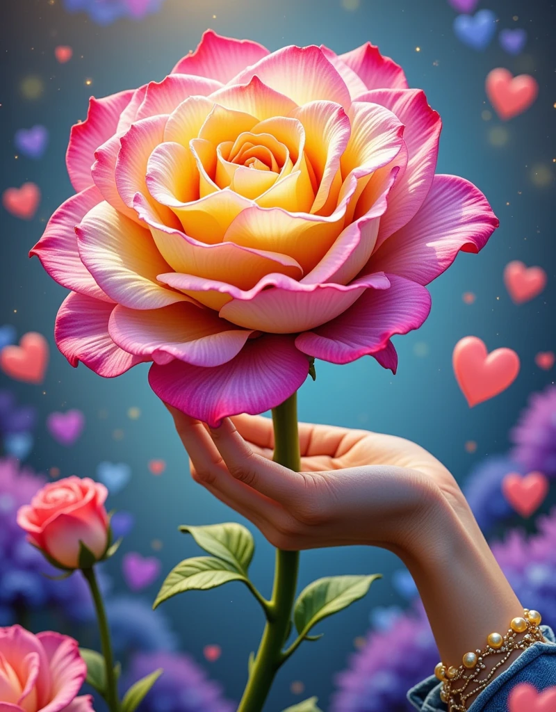 Generate an image titled 'Heartfelt Rose Dreams', showcasing a bouquet of vibrant roses in full bloom. Each petal of the rose should shape like a heart, symbolizing feelings of love and compassion. A human hand, representing the combined efforts of a diverse range of biomedical engineers, male and female, from different racial backgrounds including Caucasian, Hispanic, Black, Middle-Eastern, and South Asian, weaves through the bouquet. This captures the nurturing influence of these professionals in steering the future of healthcare