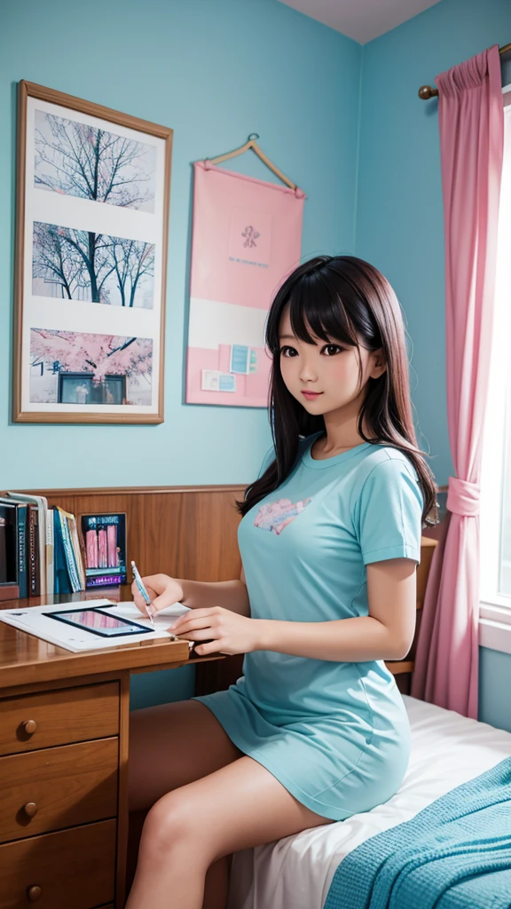 A beautiful Asian woman in white and blue cool t-shirt is using iPen to write something on the pink case iPad. There were a lot of very high stacks of documents and books behind her. Cozy room with cute pictures of trees on the wall, pastel tones, window, curtain.