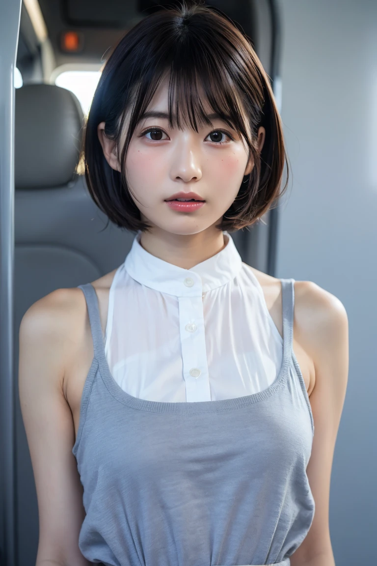 Highest quality、8K、No makeup、masterpiece、Ultra-high resolution、Clear photos、Realistic、Realistic、Professional Lighting、Natural light、Very cute girl、The cutest Nishino Nanase、Baby Face:1.8、Round face、smile、Small breasts、Large erect nipples:1.6、Ultra slim、Tight waist、Delicate body、Highly detailed skin、Beautiful Hair、Thin legs、Round eyes、Short Bob Hair、Brown Hair、smile、Get on a crowded train:1.6、There are many passengers in the back、She wears white lace panties、(She is wearing a white tank top:1.8、Wet tight tank top:1.6、Soaking wet、Transparent tank top:1.6、Tank top rides up)、Raise your arms、Please show me your armpits、Don&#39;Don&#39;t show your nipples:1.8、 armpit hair is thick:1.8、Very long armpit hair 1.8、Head to knee photo:1.8