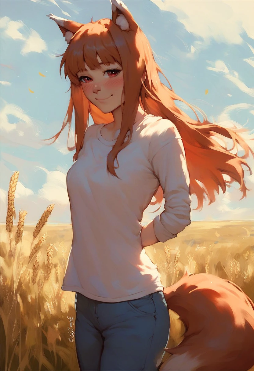 score_9, score_8_up, score_7_up, sfw
BREAK
1girl, solo, holo \(spice and wolf\), cowboy shot, pants, shirt, wheat field, detailed background, blush, wolf tail, smile, evening
