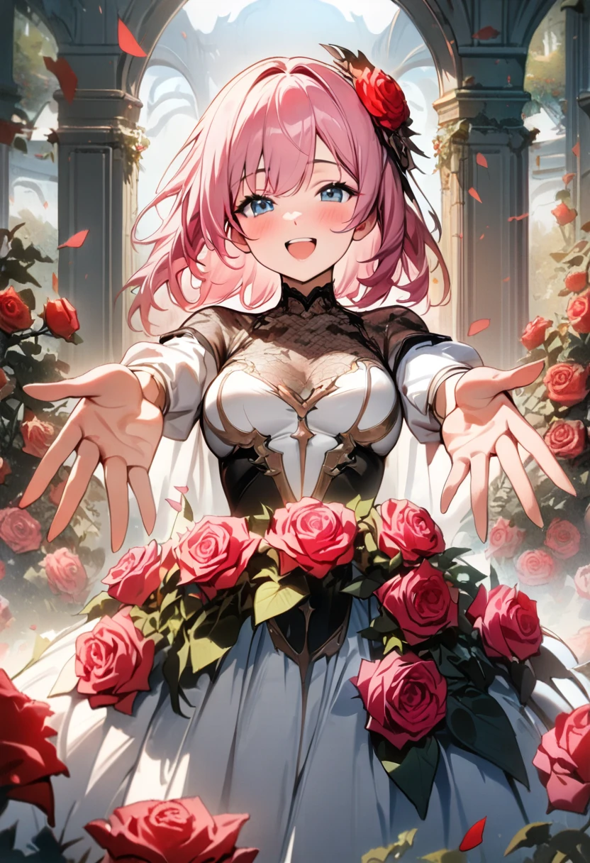 beautifully,1girl,hair accessories,happy,pink hair,roses,xeal,((flower rose garden:1.3)),((masterpiece,best quality,absurdres,4K UHD, anatomy correct)), perfect face, reaching toward viewer, surrounded by rose flower,mythical atmospere,ethereal