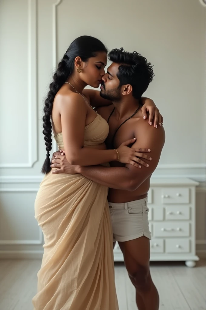 Newly wed indian couple, hot curvy south indian thick milf with single plaited hairstyle, big breast, big hip, big ass, thick thighs, woman wearing nighty, cleavage, indian couple, very short indian brown man with buzz cut, very big muscular body and beard, man wearing shorts, woman with man, couple in a big bedroom, high resolution, looking at camera, tall woman and short man, close-up potrait, Closed Mouth, serious face, man pinned woman on wall,