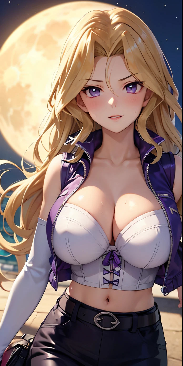 1 Female,High definition,high resolution,Ultra-realistic,8K, 8K, kujaku mai, blonde hair, purple eyes, breasts, blush, skirt, long hair, large breasts, elbow gloves, white gloves, navel, cleavage, detached sleeves, midriff, belt, vest, crop top, bustier,European,sexy,Upper body close-up,Photographed from the front,Dynamic Angles,(blush), big tits , happy, wink the eye,facial, sweat, outdoors, moonlight, night