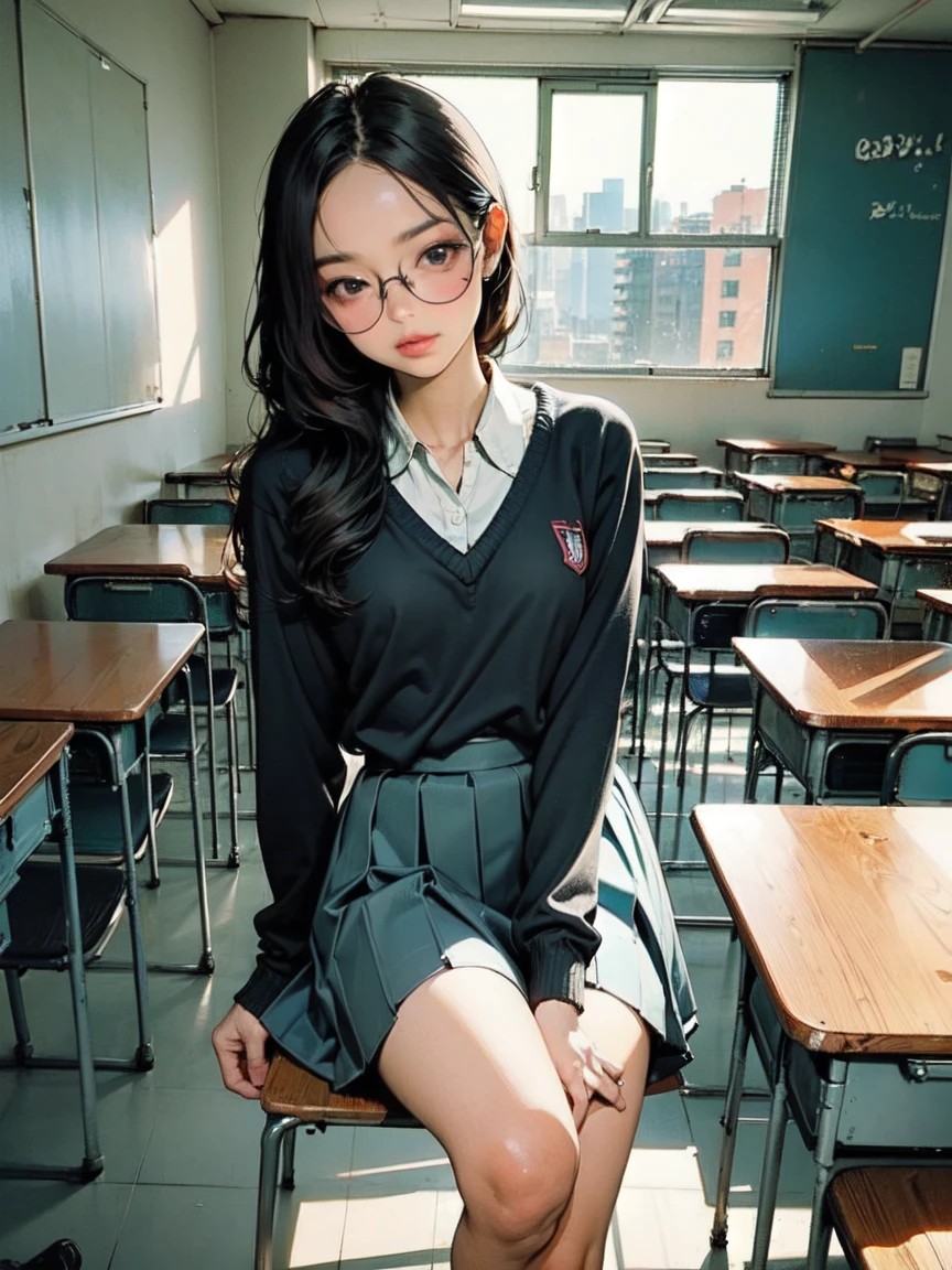 (masterpiece,up to date,exceptional:1.2), 1 girl,Black school uniform,classroom, jppop art style