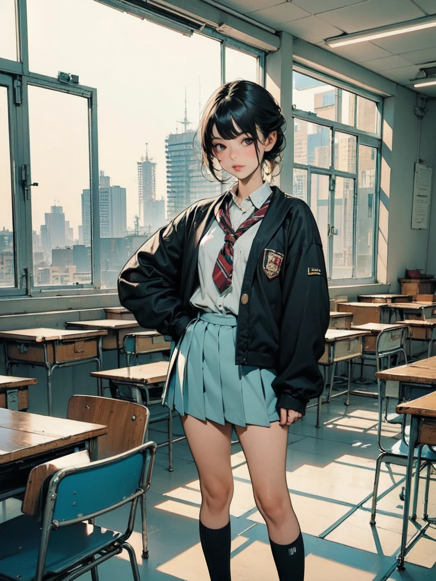 (masterpiece,up to date,exceptional:1.2), 1 girl,Black school uniform,classroom, jppop art style