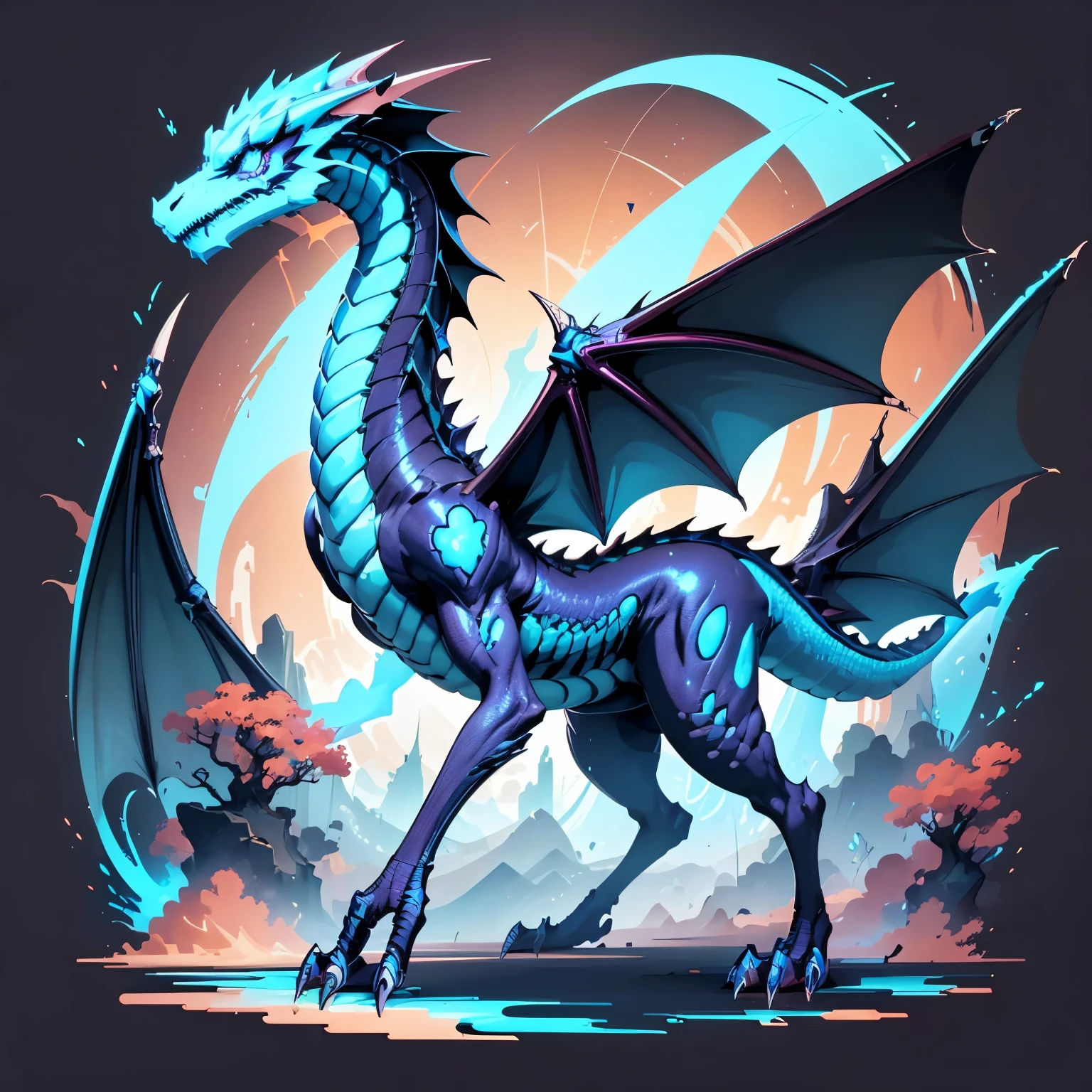 Description:  A slender and modern dragon ,  drawn with smooth and simple lines , in black and pastel blue .  The scales are digital lines and circuits that run through the dragon's body in an adhesive vector style,  with light details on the holographic wings .
