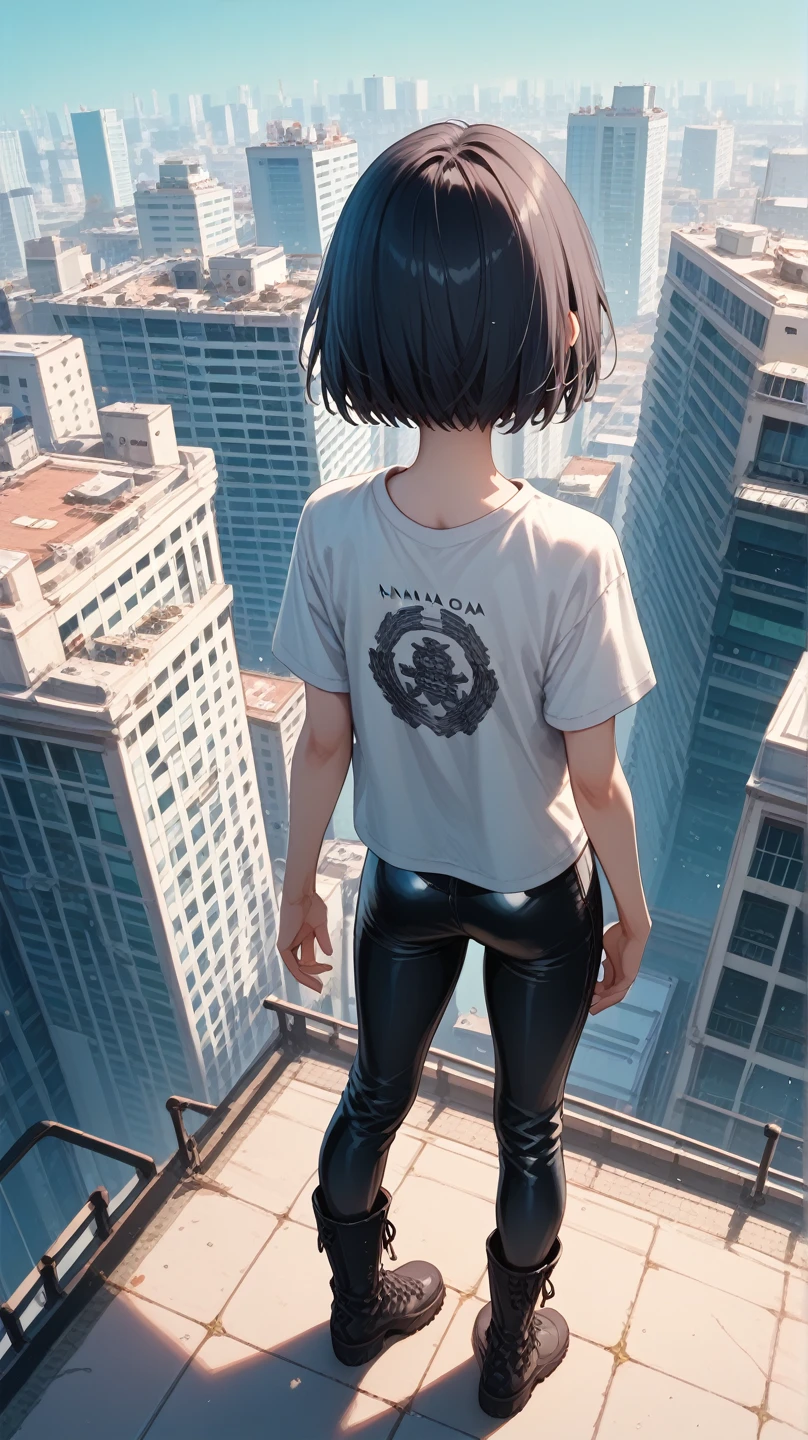 Long Shot,full body,Dynamic angles,woman with navy SHORT HAIR wearing sleeveless t-shirt and latex pants,high angle,CITY back ground,solo, 1 female,Highest quality,masterpiece,cool pose,stand, back ,put on boots, (from below:1.1)